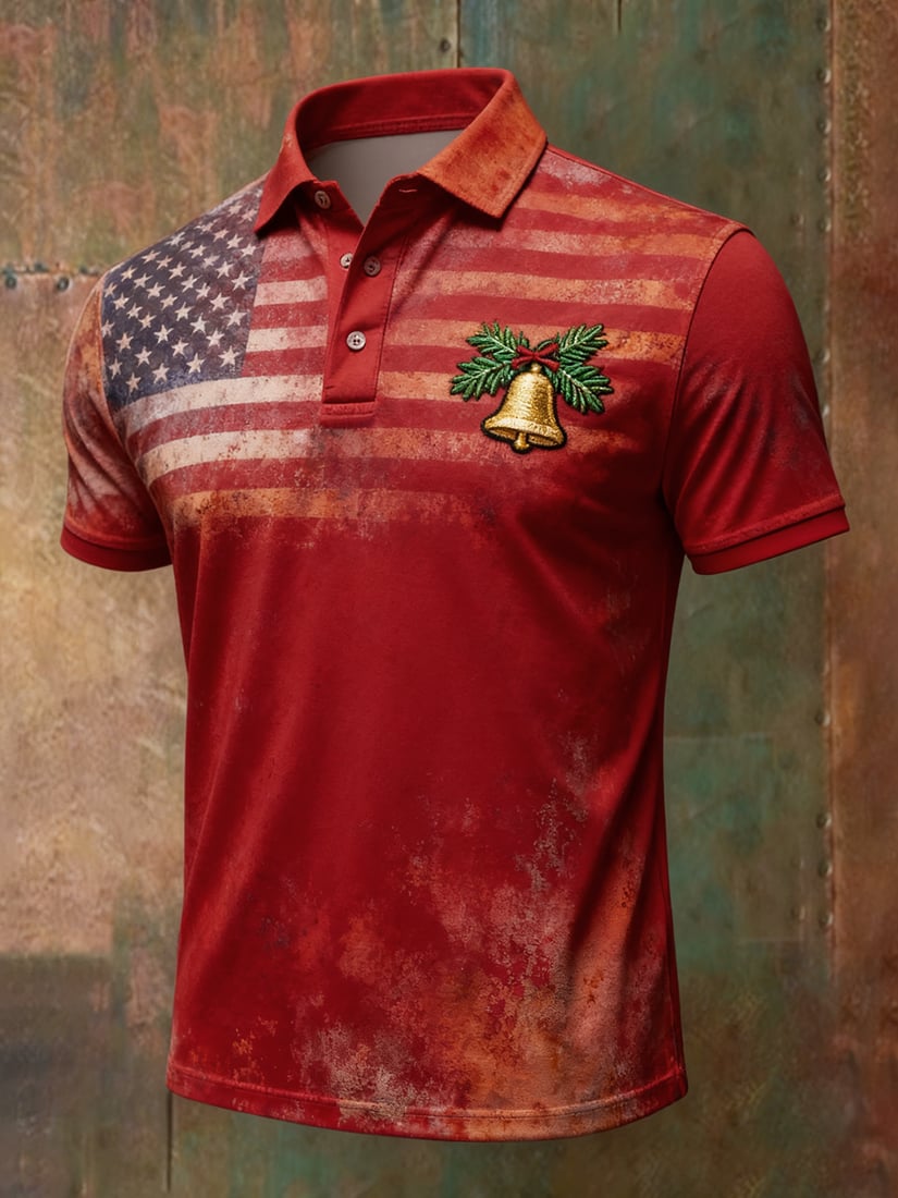 Camisa polo vintage Christmas American Flag con botones de manga corta para hombre