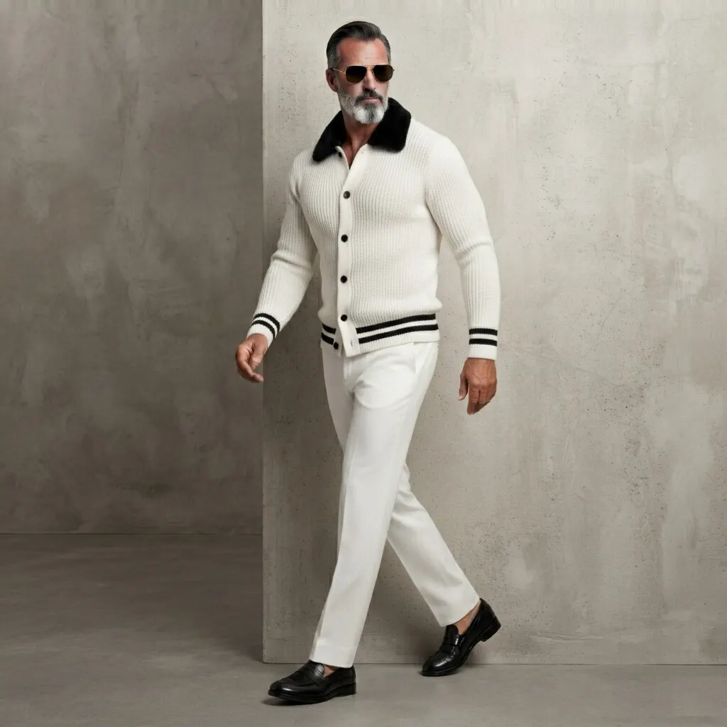 para hombre White Ribbed tejido Contrast Fuzzy Collar a rayas Trim Single Breasted Cardigan