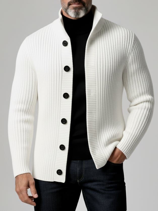 Chaqueta White Stand cuello de manga larga Button acanalado tejido Sweater para hombre
