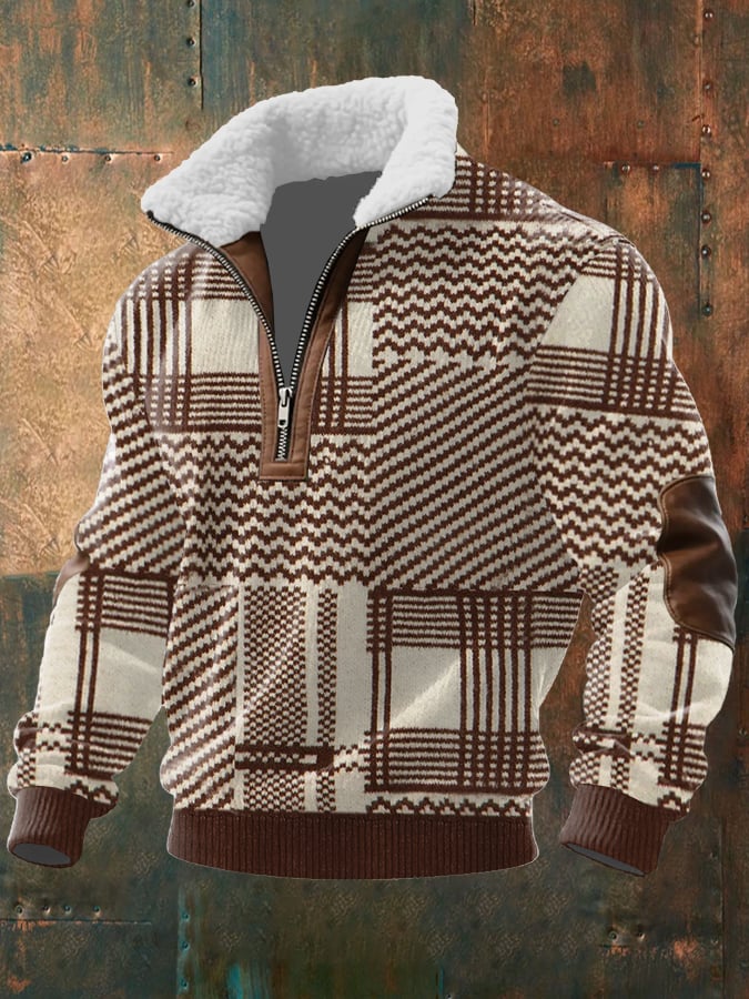 Sudadera retro Western Texture estampado tejido Fabric cierre Fur cuello de manga larga para hombre
