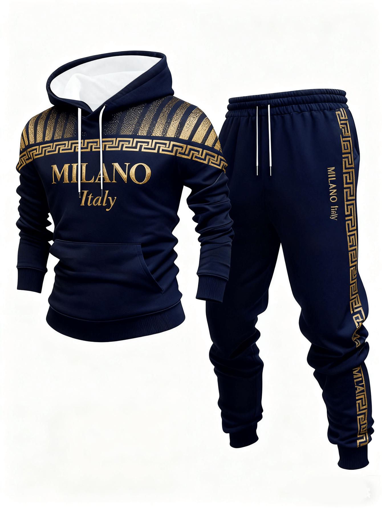 Conjunto de dos piezas casual Gold & Navy Blue Color Matching estampado sudadera con capuchas de manga larga sudaderas & Sweatpantalón para hombre