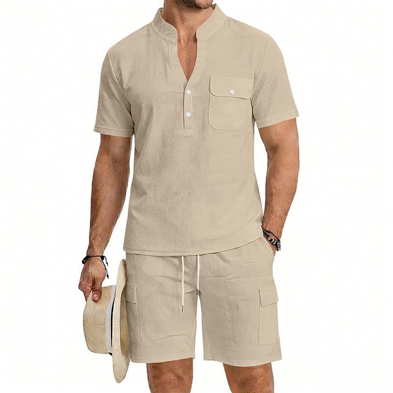 Conjunto de dos piezas European Style de lino casual Stand Collar de manga corta camisa and Cargo shorts Set, Lightweight transpirable Summer Outfit, holgado Fit Drawstring for Beach Vacation Travel Resort Streetwear Comfortable elegante Loungewear para hombre