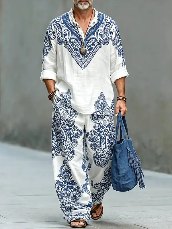 para hombre Elegant Blue floral Paisley Pattern Art Print Half Button de manga larga camisa pantalón 2pcs Set