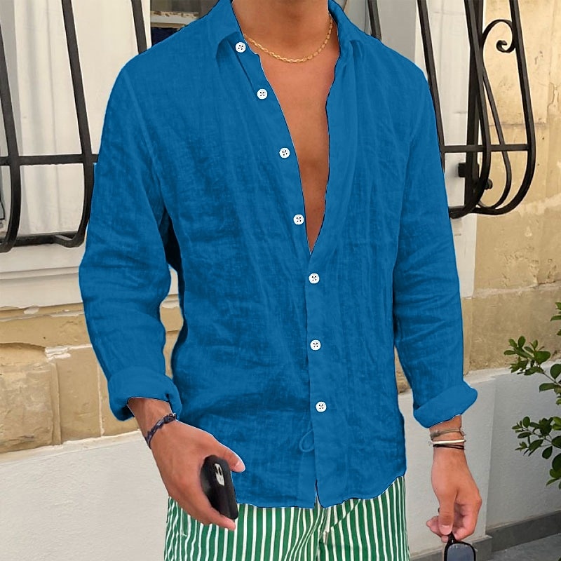 Camisa de lino camisa Summer camisa Beach camisa Plain casual para uso diario Black White Pink Royal Blue de manga larga solapa Spring & Summer Clothing Apparel para hombre - vista 13