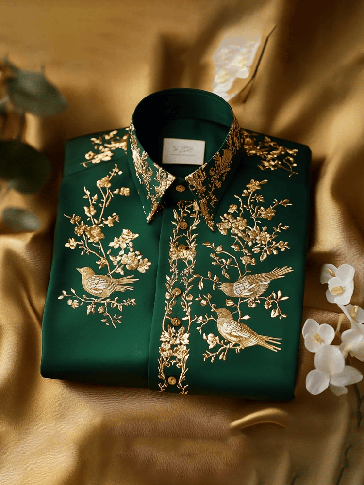 Camisa de lujo vintage Bird de manga larga para hombre