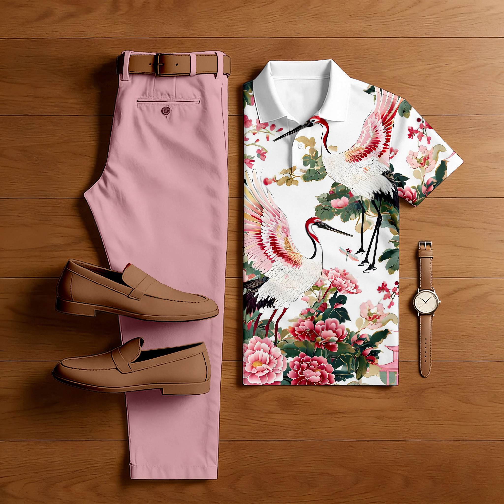 Conjunto de dos piezas casual White Roses estampado camisa polo And pantalón para hombre