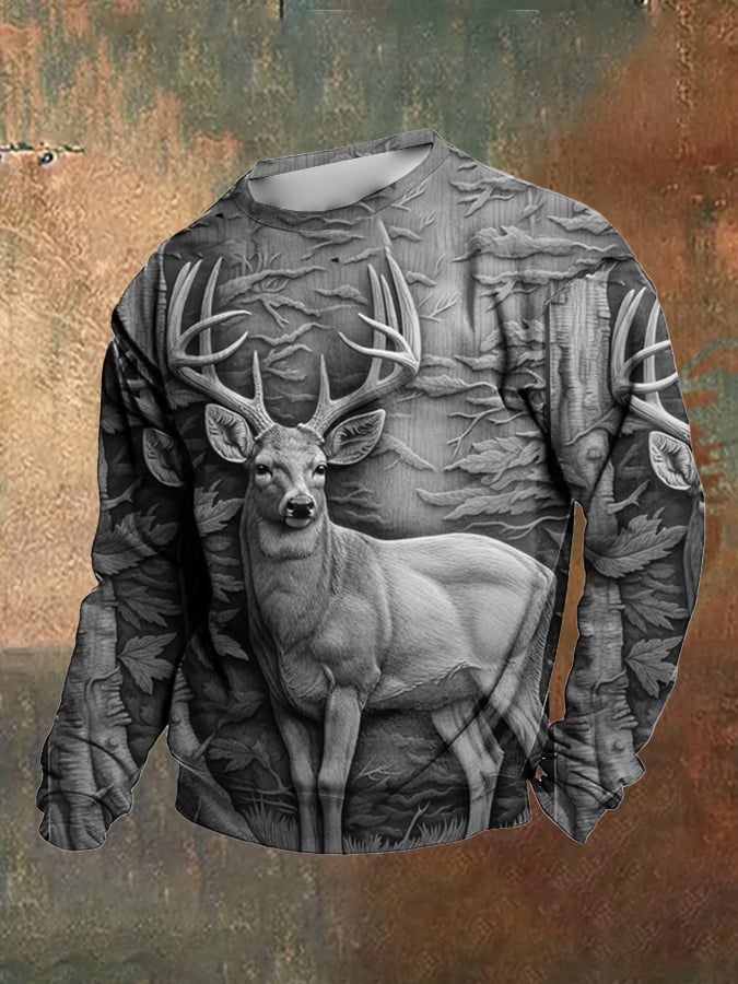 Sudadera retro Western 3D Deer diseño estampado cuello redondo para hombre