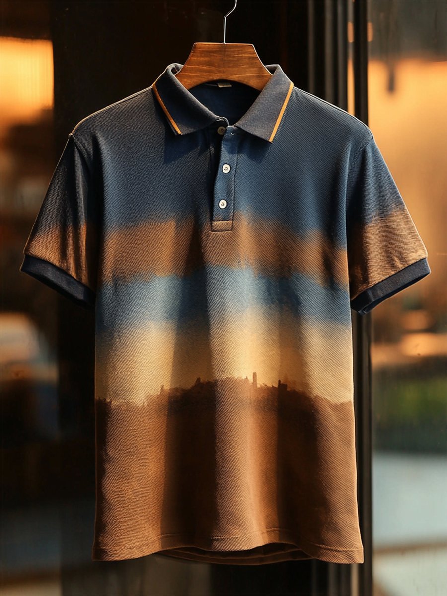 Camisa polo casual Holiday degradado estampado Button de manga corta para hombre