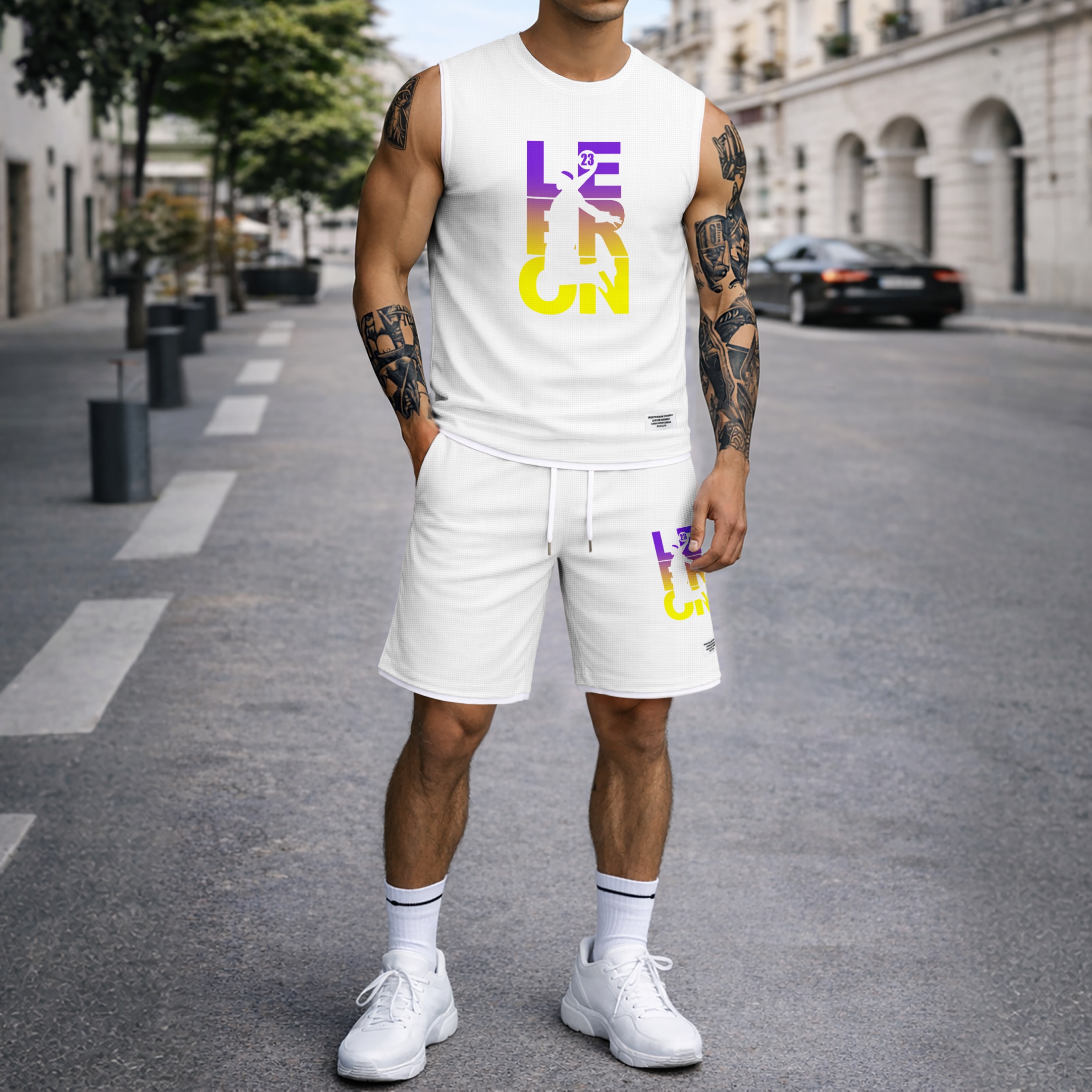 Shorts Basketball Gradient Letter Graphic estampado Summer Set Sleeveless Tank Top & Matching Outfit, Lightweight casual Streetwear Athletic Set for Everyday & Holiday para hombre