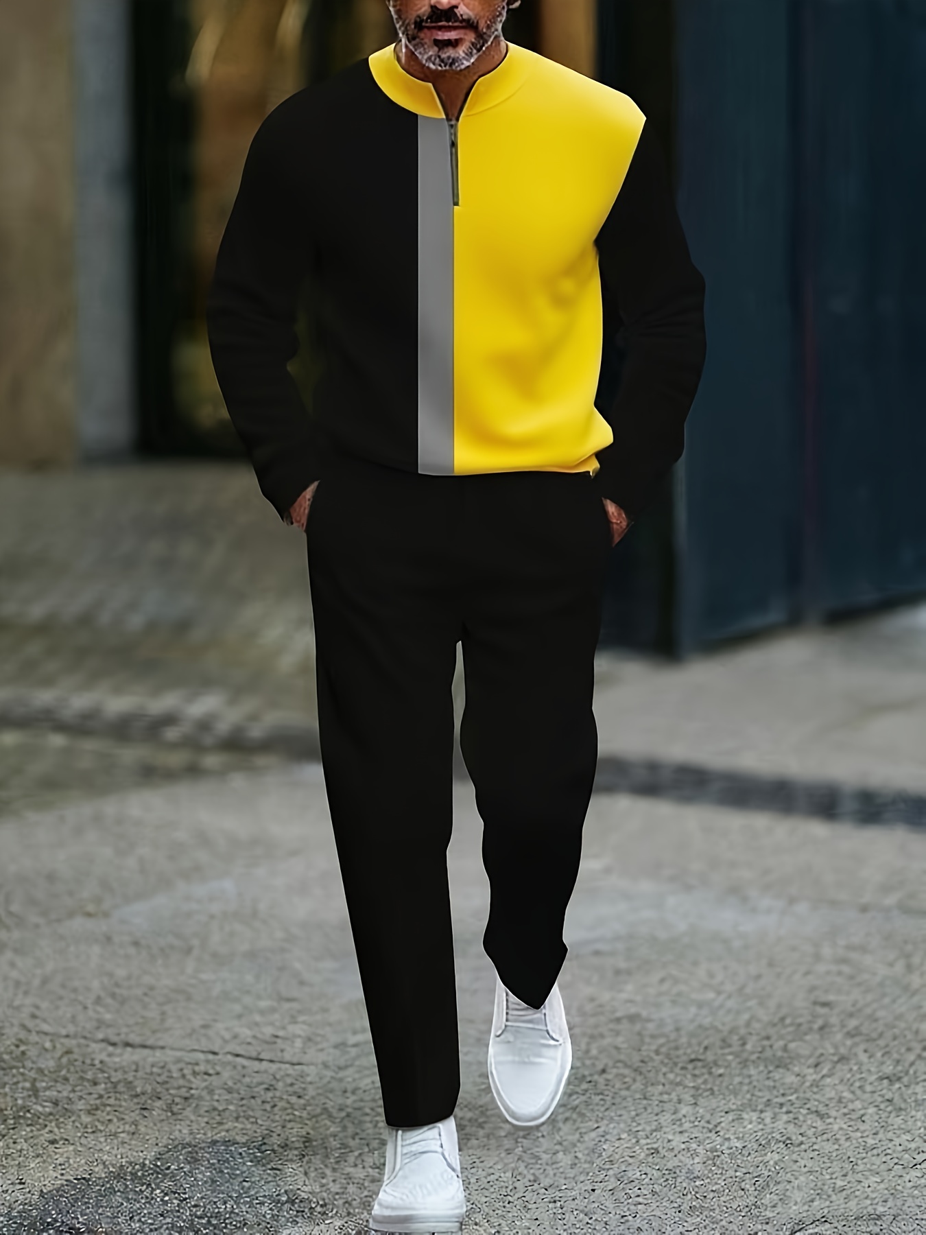 Conjunto de dos piezas casual Yellow Color Matching estampado Round-Neck Zipper de manga larga Trousers Black para hombre