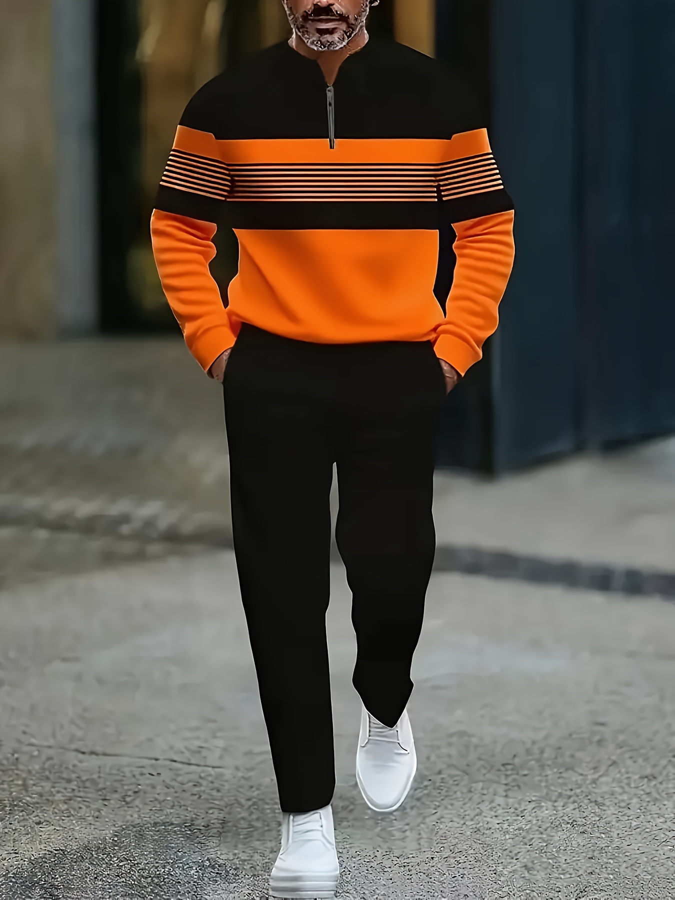 Conjunto de dos piezas casual Color Matching estampado Round-Neck Zipper de manga larga Trousers para hombre