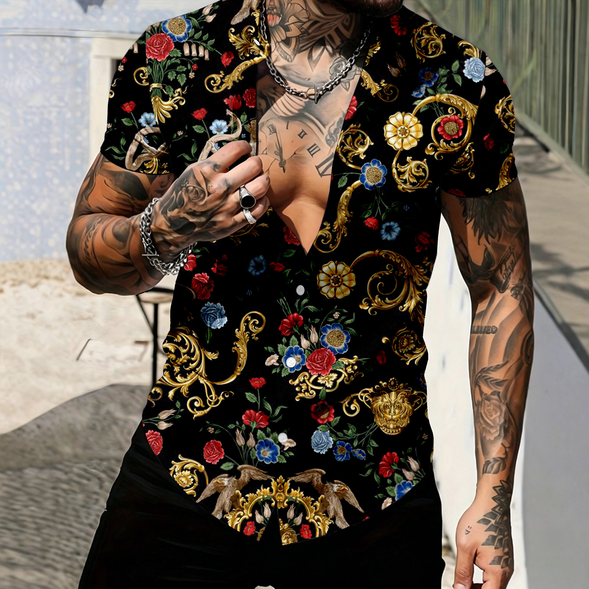 Camisa casual floral estampado de manga corta para hombre