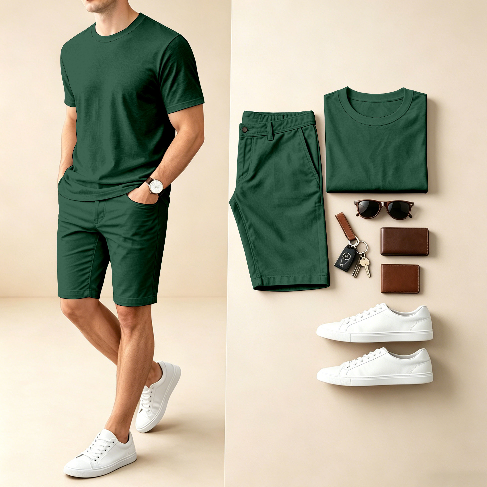 Conjunto de dos piezas casual Checkered estampado Round-Neck de manga corta camiseta And shorts para hombre