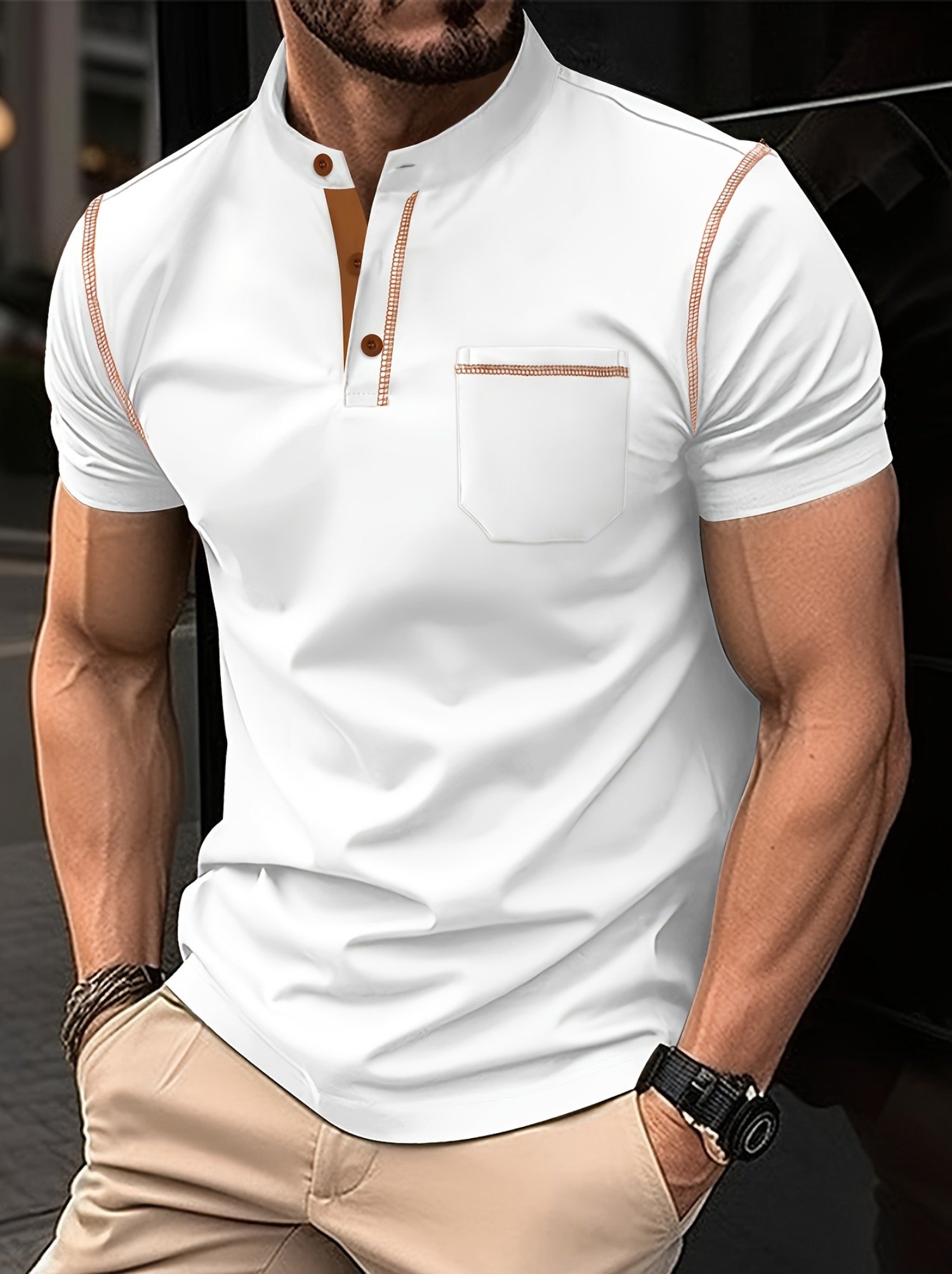 Camisa polo ejecutivo casual a rayas Button de manga corta para hombre