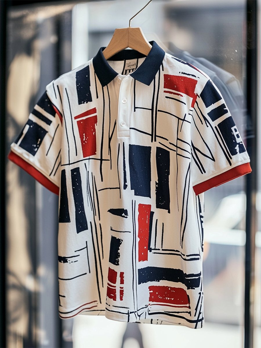 Camisa polo ejecutivo casual Bauhaus estampado Button de manga corta para hombre