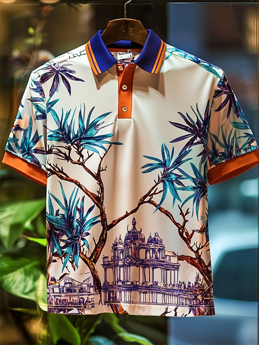 Camisa polo casual Festive floral Court estampado Button de manga corta para hombre