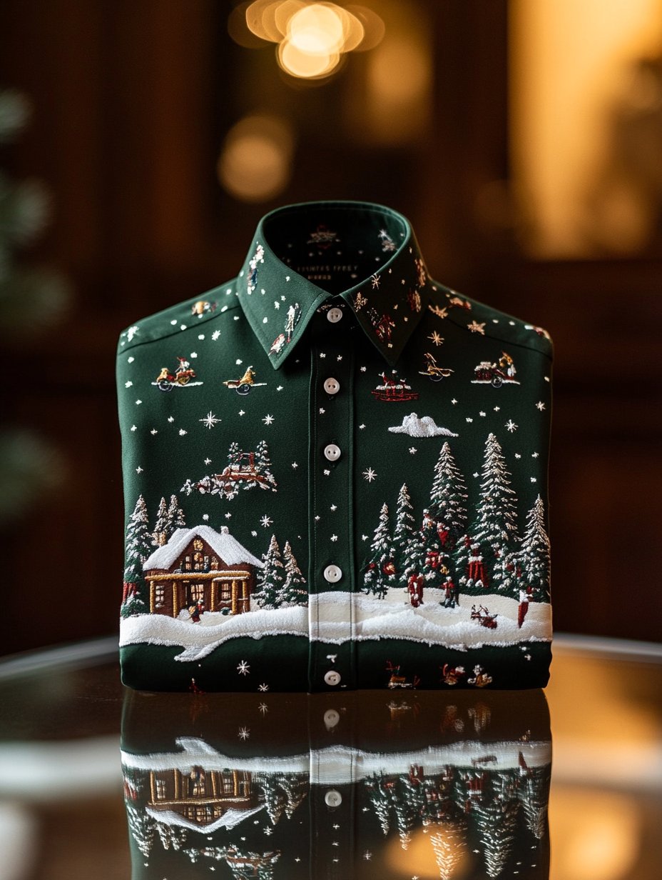 Camisa retro Christmas estampado Santa Gifts de manga larga para hombre
