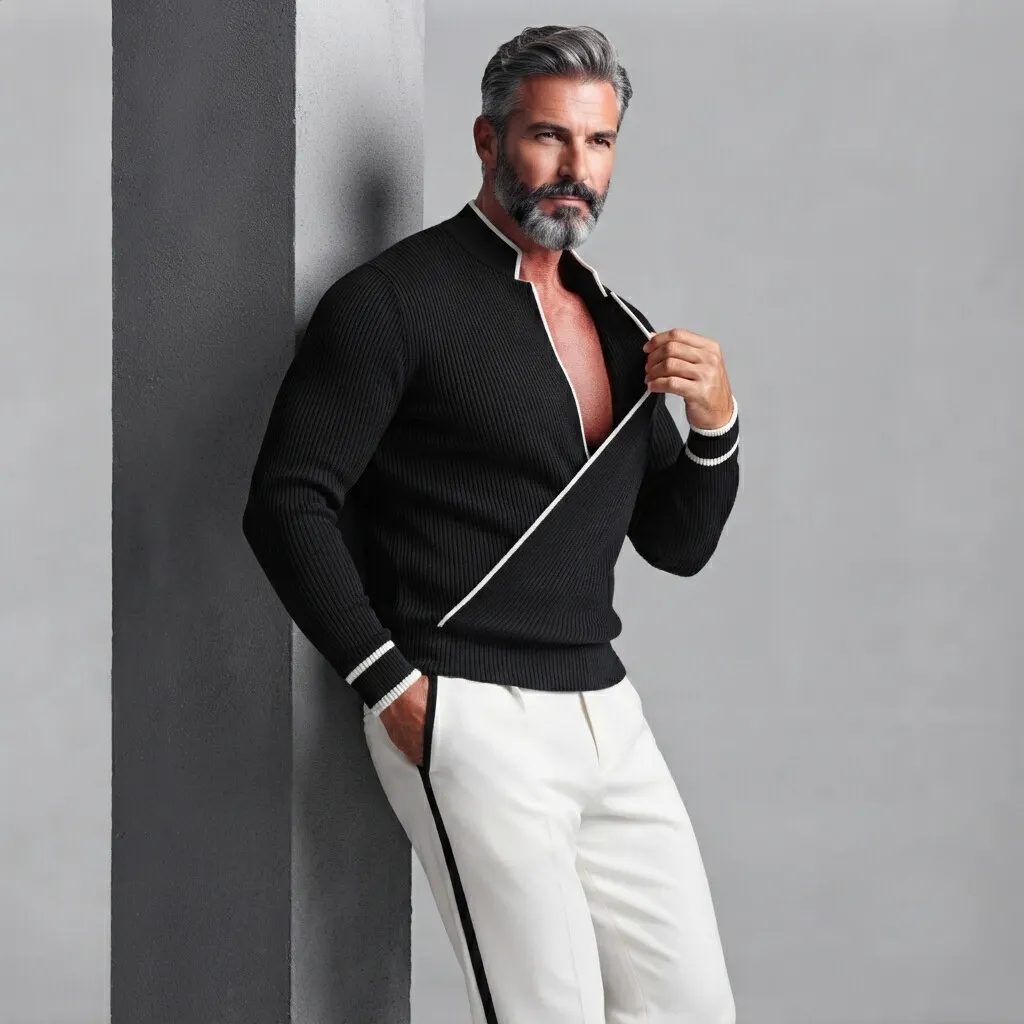 para hombre Black Ribbed tejido Stand Collar Contrast Piping de corte entallado Wrapped Sweater