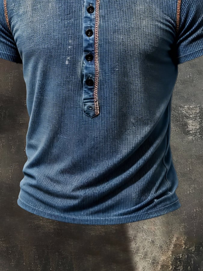 Retro Pure de algodón Washed desgastado Color-Blocked Henley cuello de manga corta Top para hombre