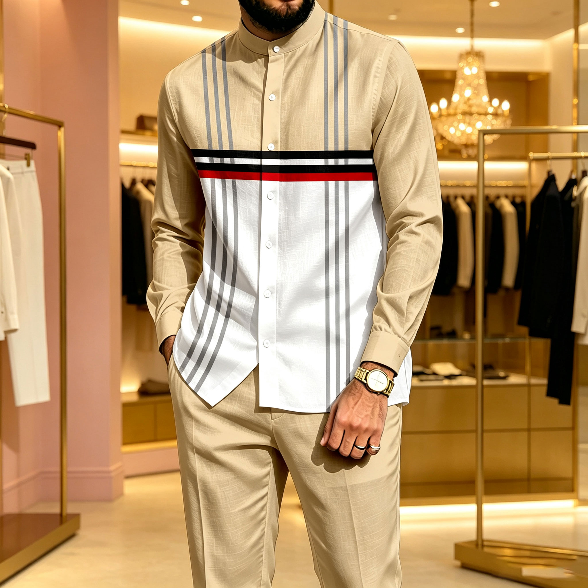 para hombre casual conjunto de dos piezas: Color-Blocked estampado Stand-Collar de manga larga camisa and pantalón