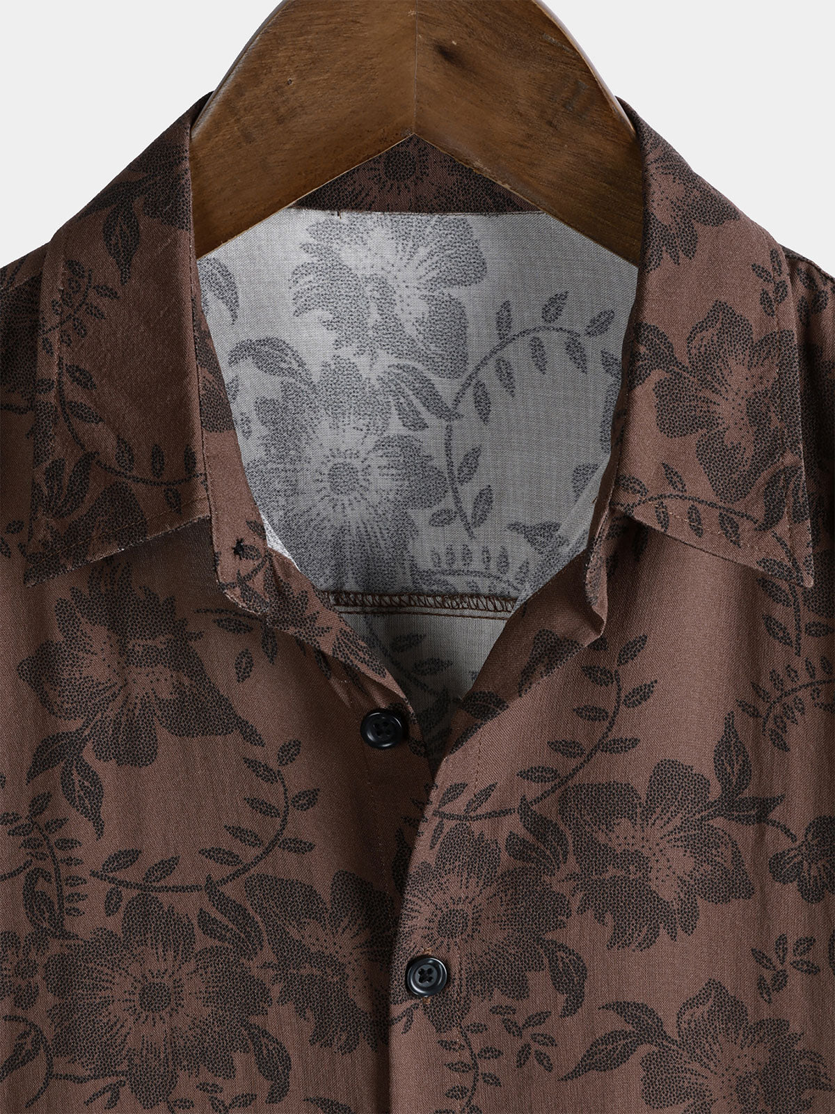 Camisa retro Brown floral Holiday Wear de manga corta para hombre