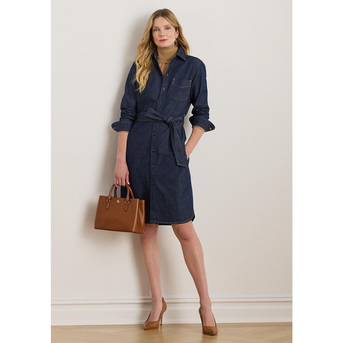 Women's Belted Denim Shirtdress - 1