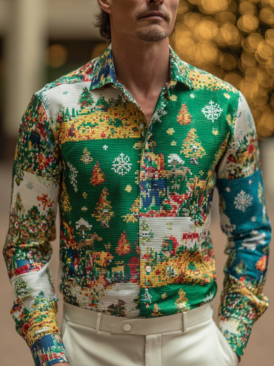 Camisa ejecutivo Christmas estampado de manga larga para hombre