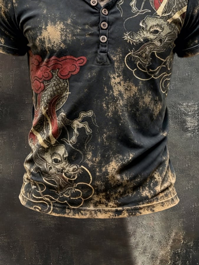 Retro estampado en bloques de color Double-Layer V-Neck de manga corta Top para hombre