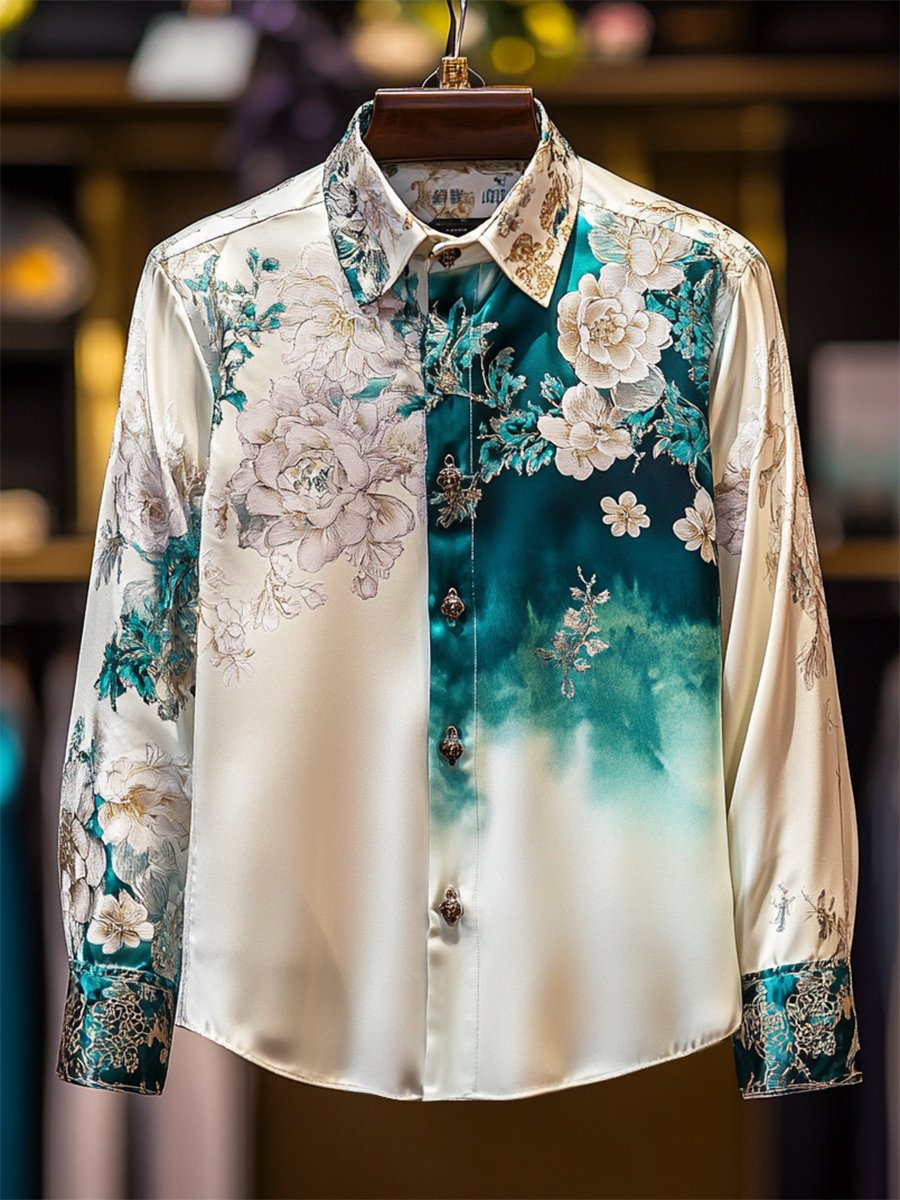 Camisa satén Luxe floral estampado de manga larga con botones para hombre