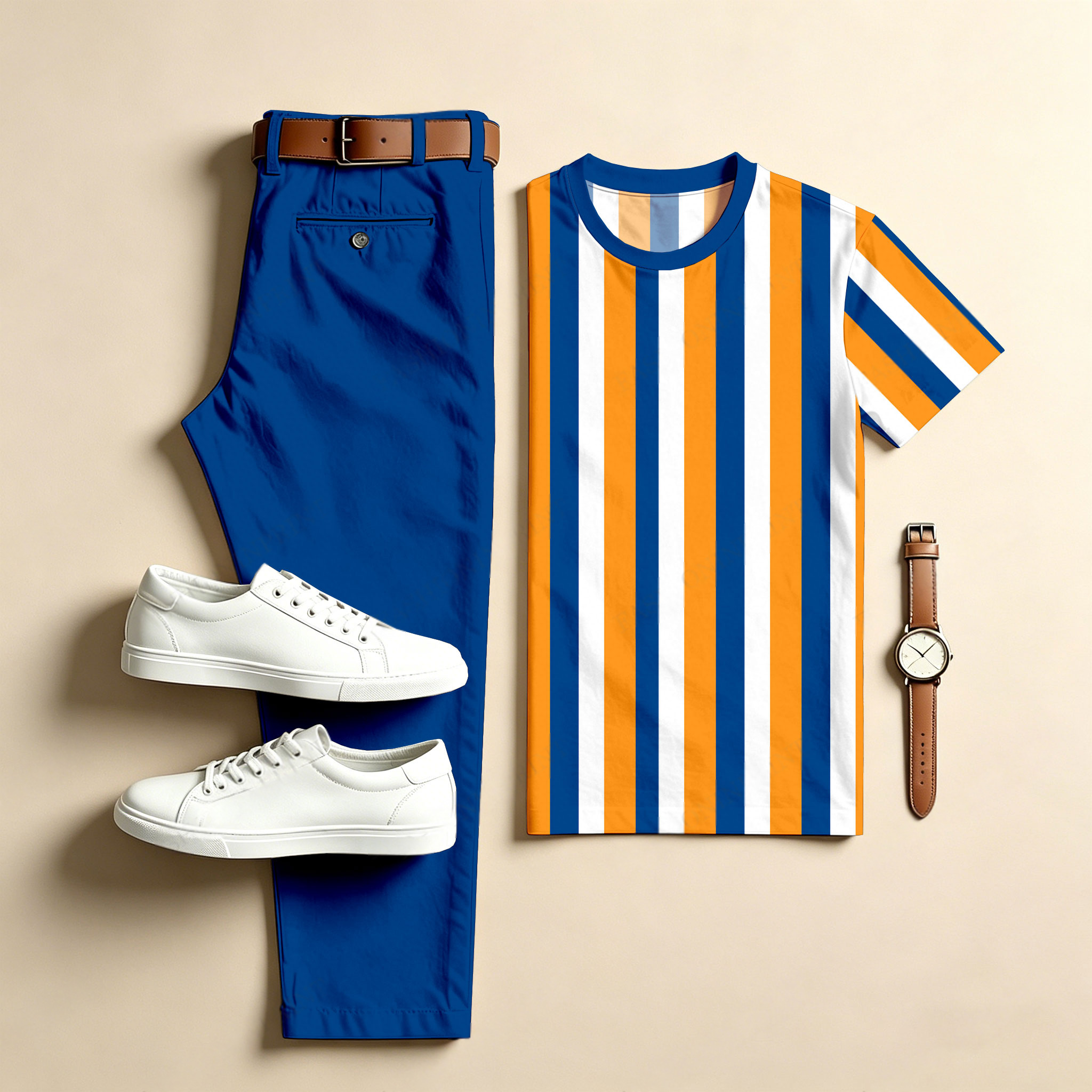 Conjunto de dos piezas casual Orange rayas : estampado Crew Neck de manga corta Top & Long pantalón para hombre