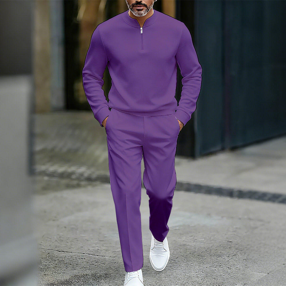 Conjunto de dos piezas casual de color sólido Round-Neck Zipper de manga larga Trousers para hombre