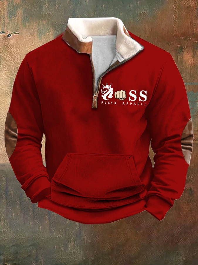 Sudadera vintage Letter Design estampado Plush Stand cuello cierre para hombre