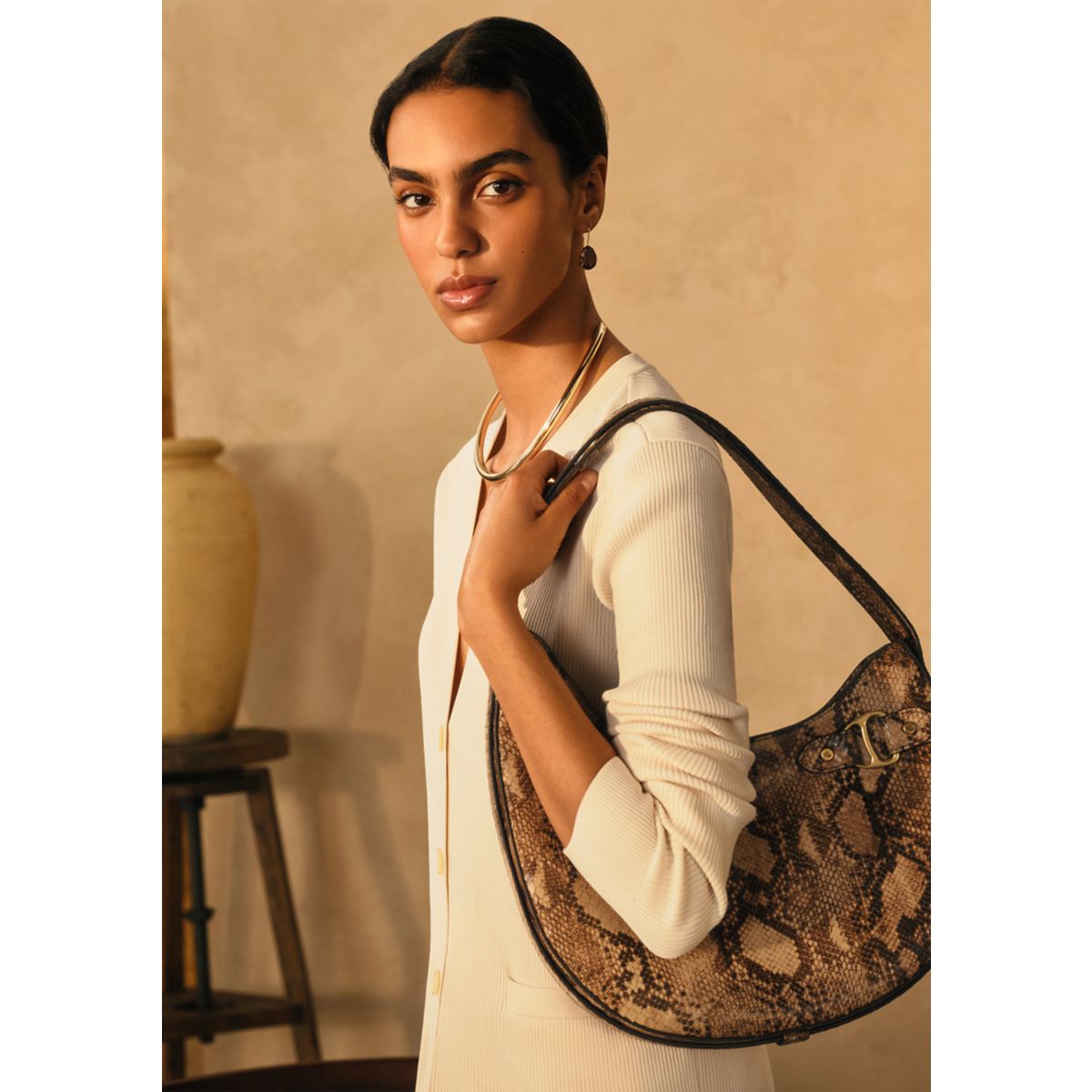 Python-Embossed Large Tasha Shoulder Bag - 1