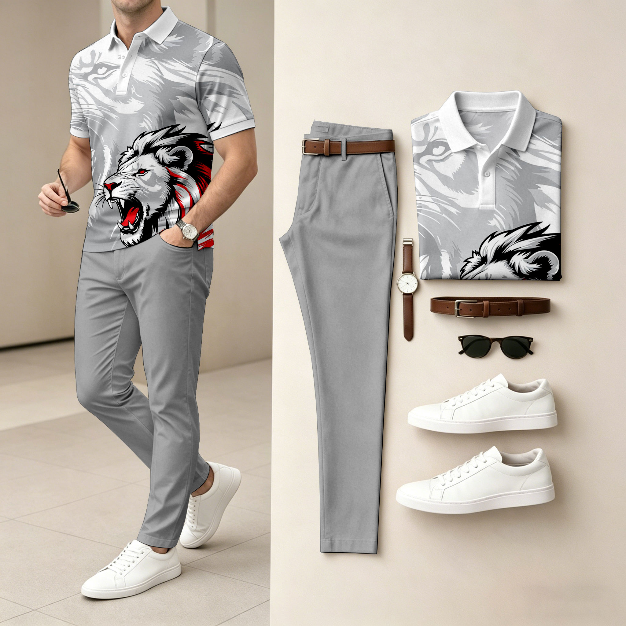 para hombre Animal-Print de manga corta camisa polo and pantalón Set