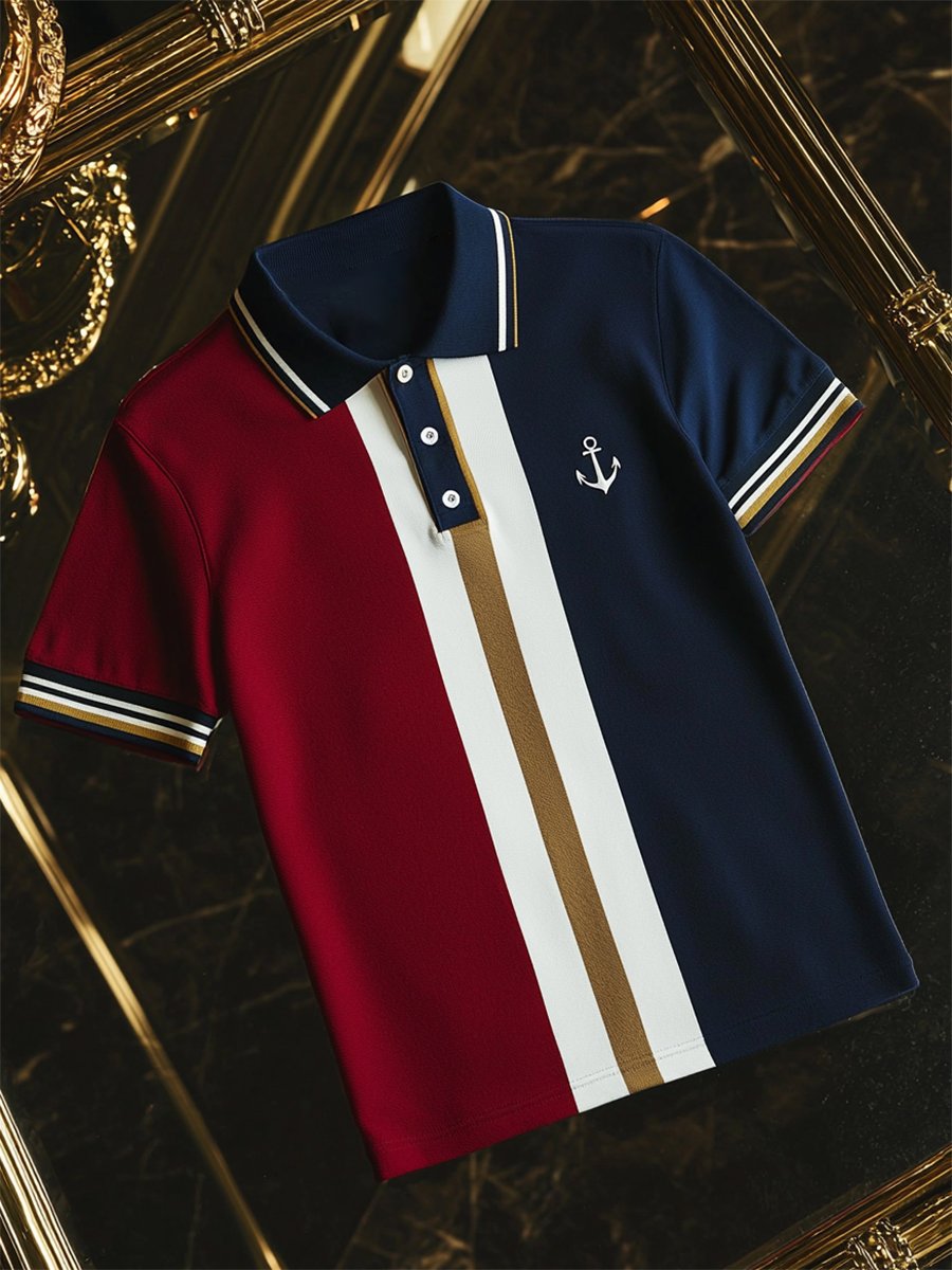 Camisa polo ejecutivo rayas Logo con botones de manga corta para hombre