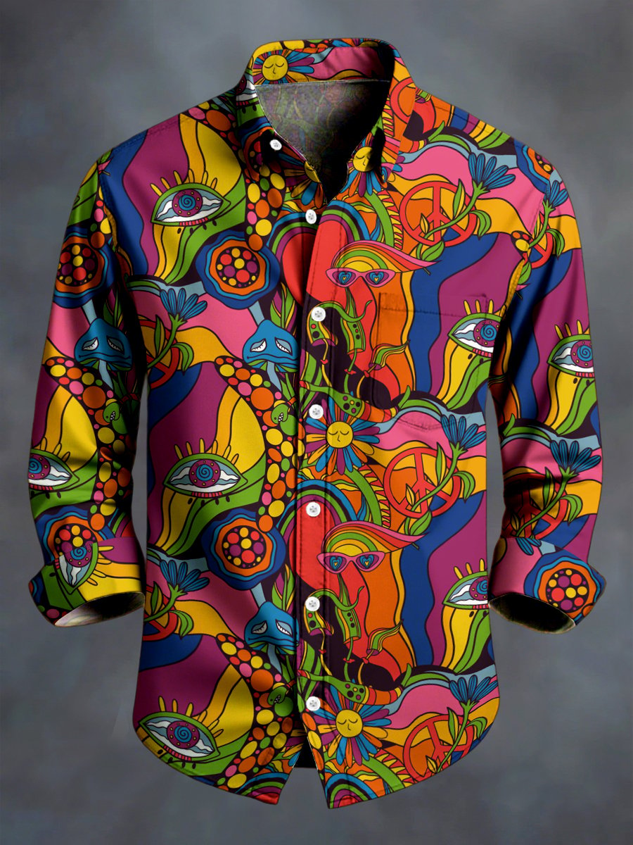 Camisa vintage Hippie Mushroom Art de manga larga para hombre