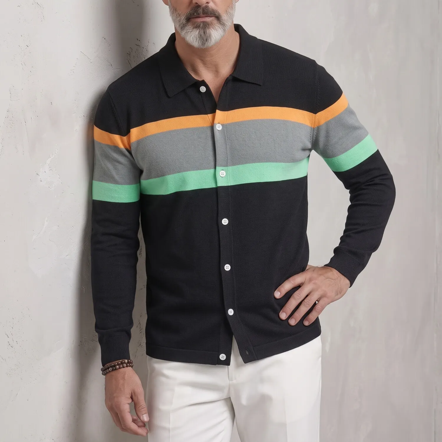 para hombre de moda Colorblock a rayas Button-Up de corte entallado de manga larga camisa