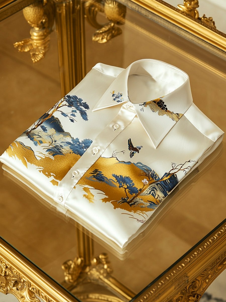 Camisa satén Ukiyo-E de lujo ejecutivo de manga larga para hombre