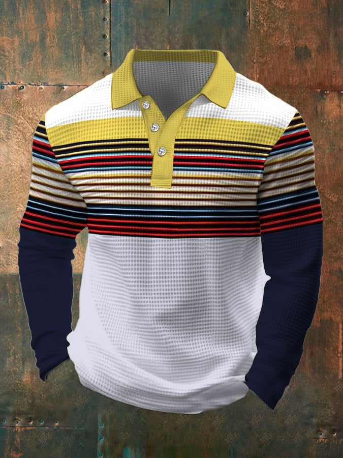 Camiseta retro Waffle Color Stitching solapa para hombre
