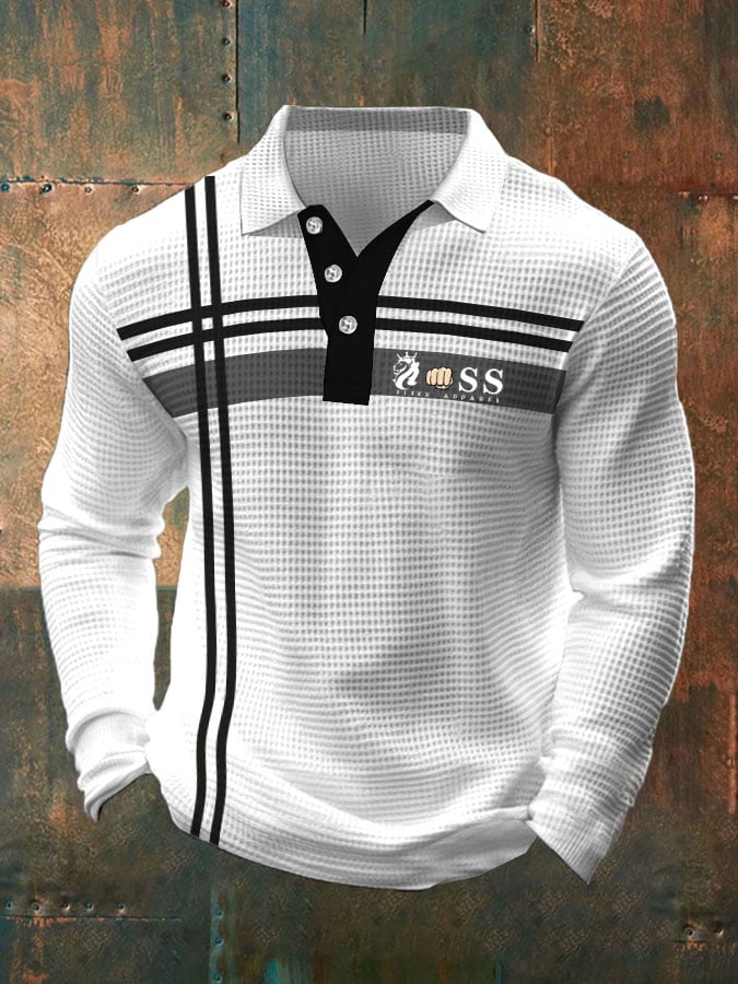 Camisa polo retro Lettering Design Waffle Fabric de manga larga para hombre