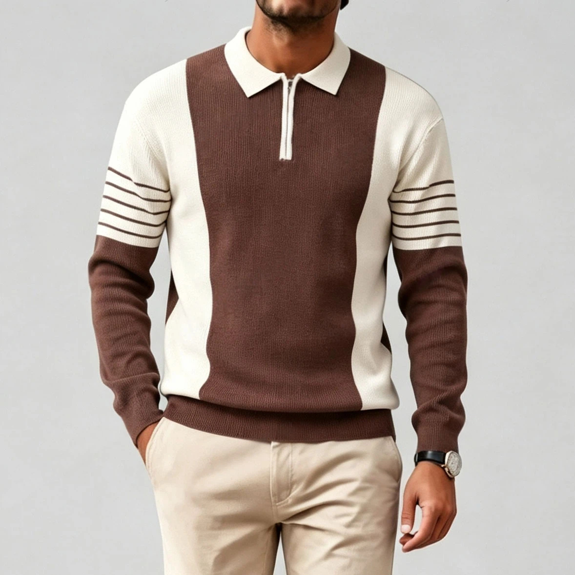 Casual a rayas Two-Tone Half-Zip Crew-Neck Sweater para hombre