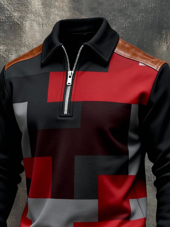 Sudadera vintage Color-Block estampado con cierre para hombre