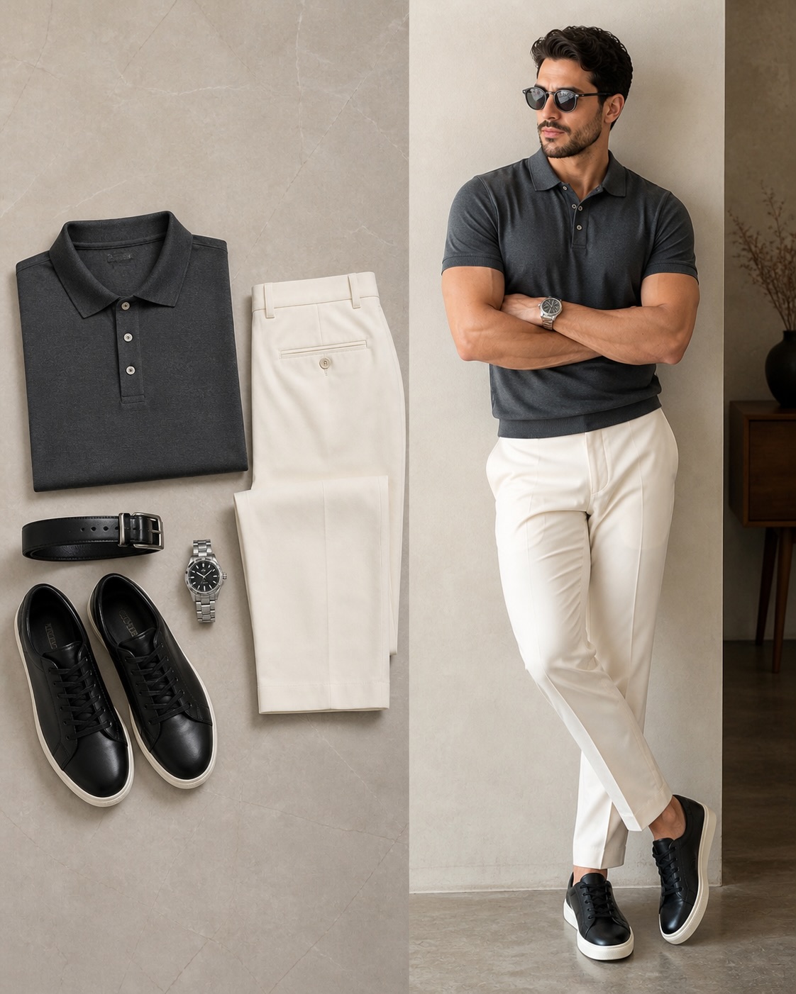 Conjunto de dos piezas casual Dark Gray Color de manga cortas camisa polo & Jeans pantalón para hombre