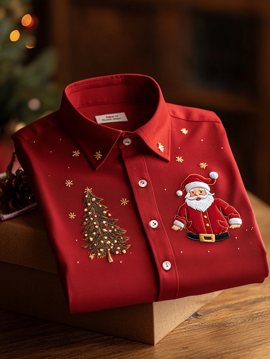 Camisa ejecutivo de lujo Santa Claus and Evergreen Pine de manga larga para hombre