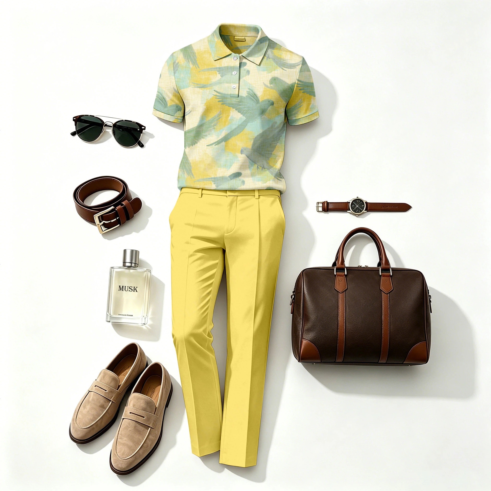 Conjunto de dos piezas casual Lemon Yellow estampado camisa polo And pantalón para hombre