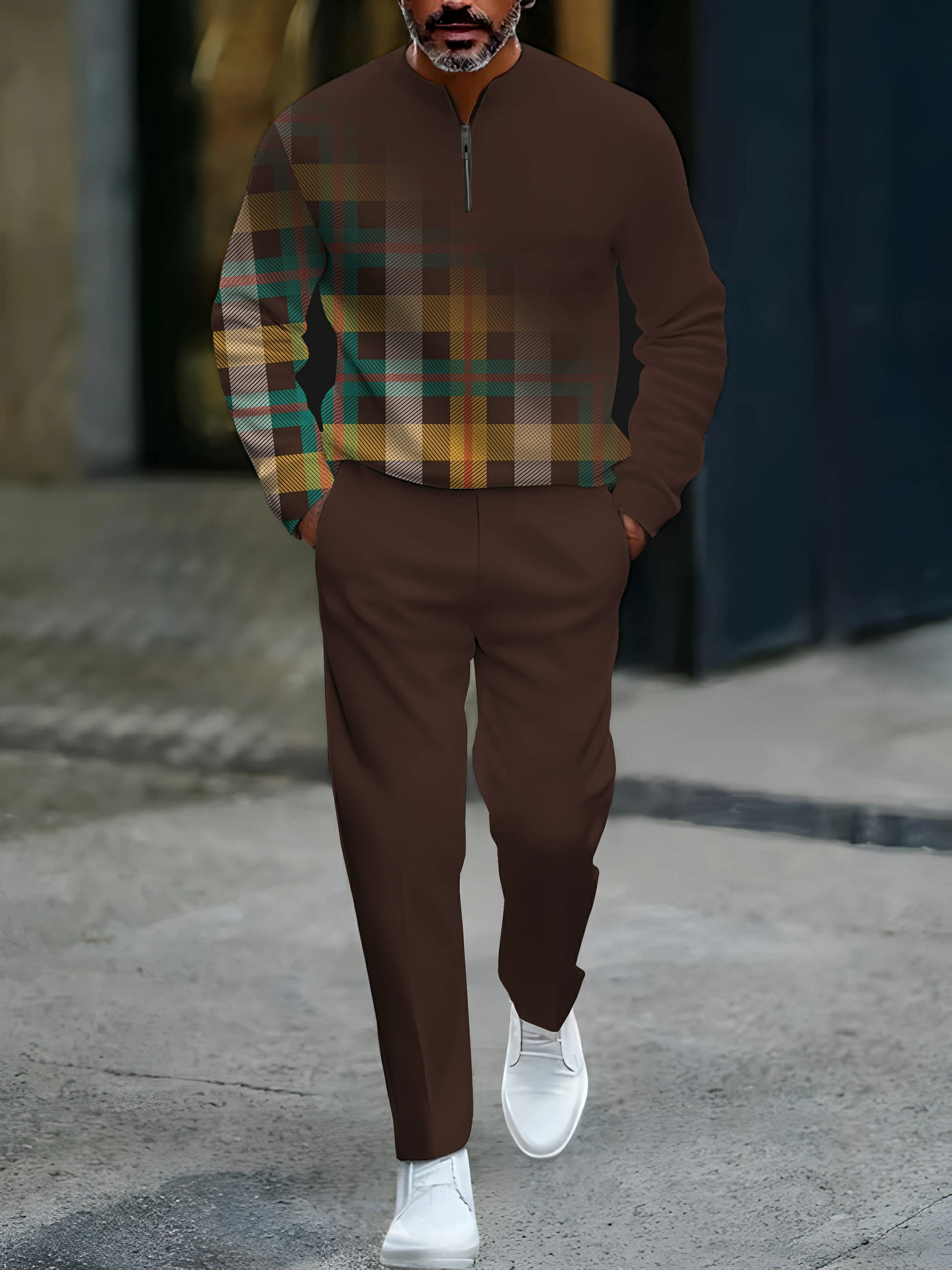 Conjunto de dos piezas casual Coffee & Multicolored degradado Checked estampado Round-Neck cierre de manga larga Tops & Trousers para hombre