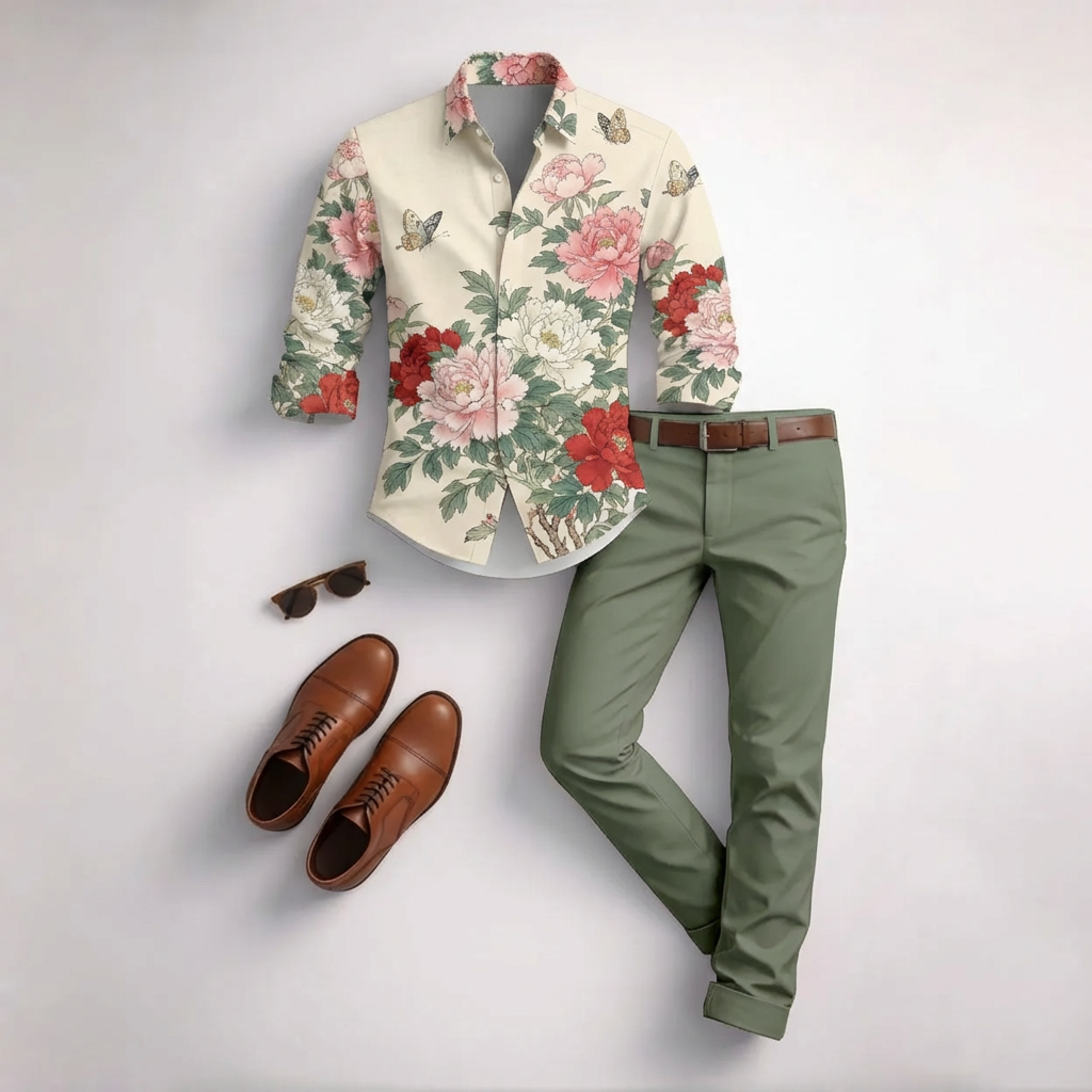 para hombre casual White floral Print de manga largad camisa And Trousers conjunto de dos piezas