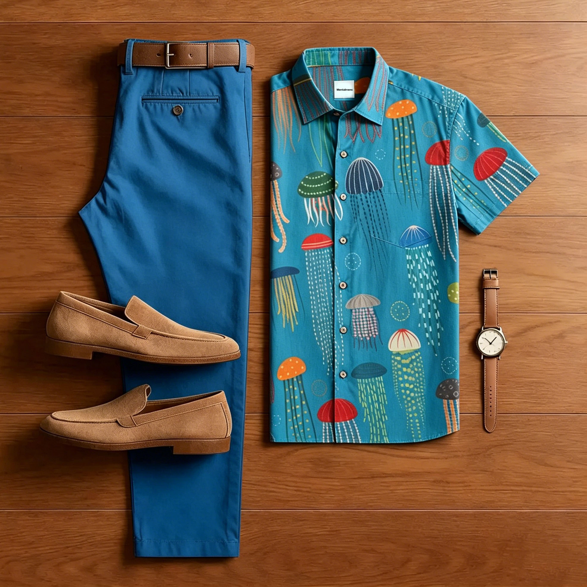 Conjunto de dos piezas retro Style Colorful Jellyfish estampado With Blue Polo Collar camisa & pantalón para hombre