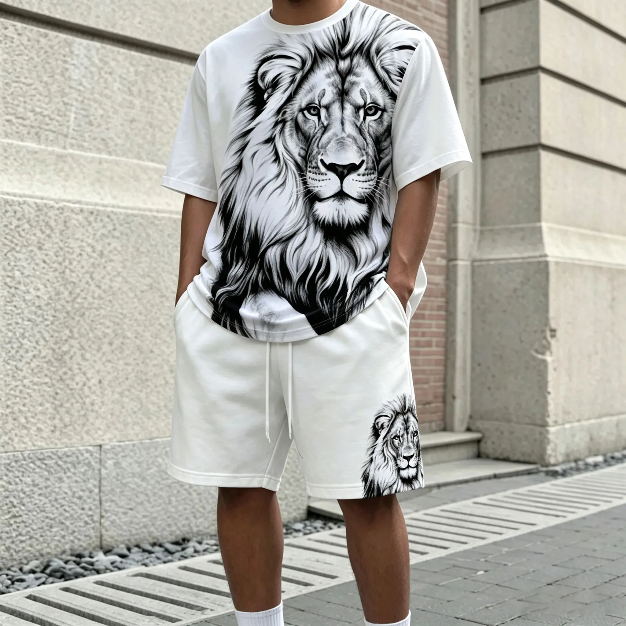 para hombre White estampado Crew-Neck de manga corta camiseta and shorts Set