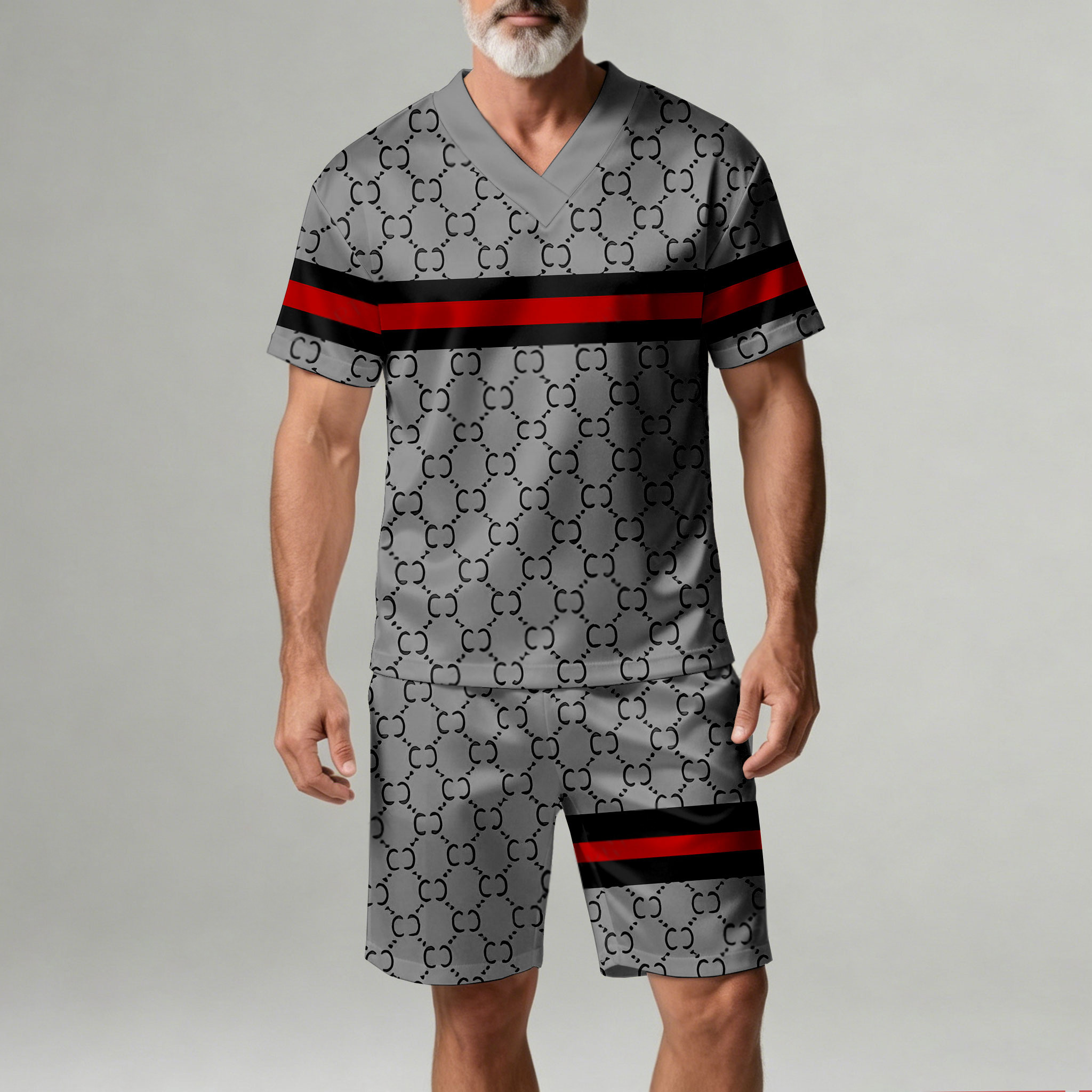 Conjunto de dos piezas casual Gray a cuadros Geometric estampado V-Neck de manga corta camiseta And shorts para hombre